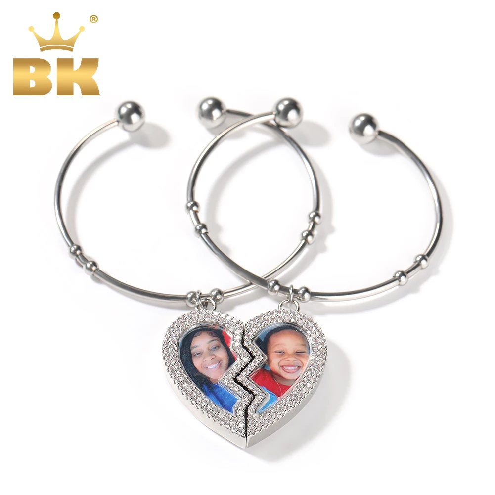 THE BLING KING Stainless Steel Cuff Bangle DIY Broken Heart Magnetic Photo Pendant Two Pictures Iced Out CZ Family Lover's Gift