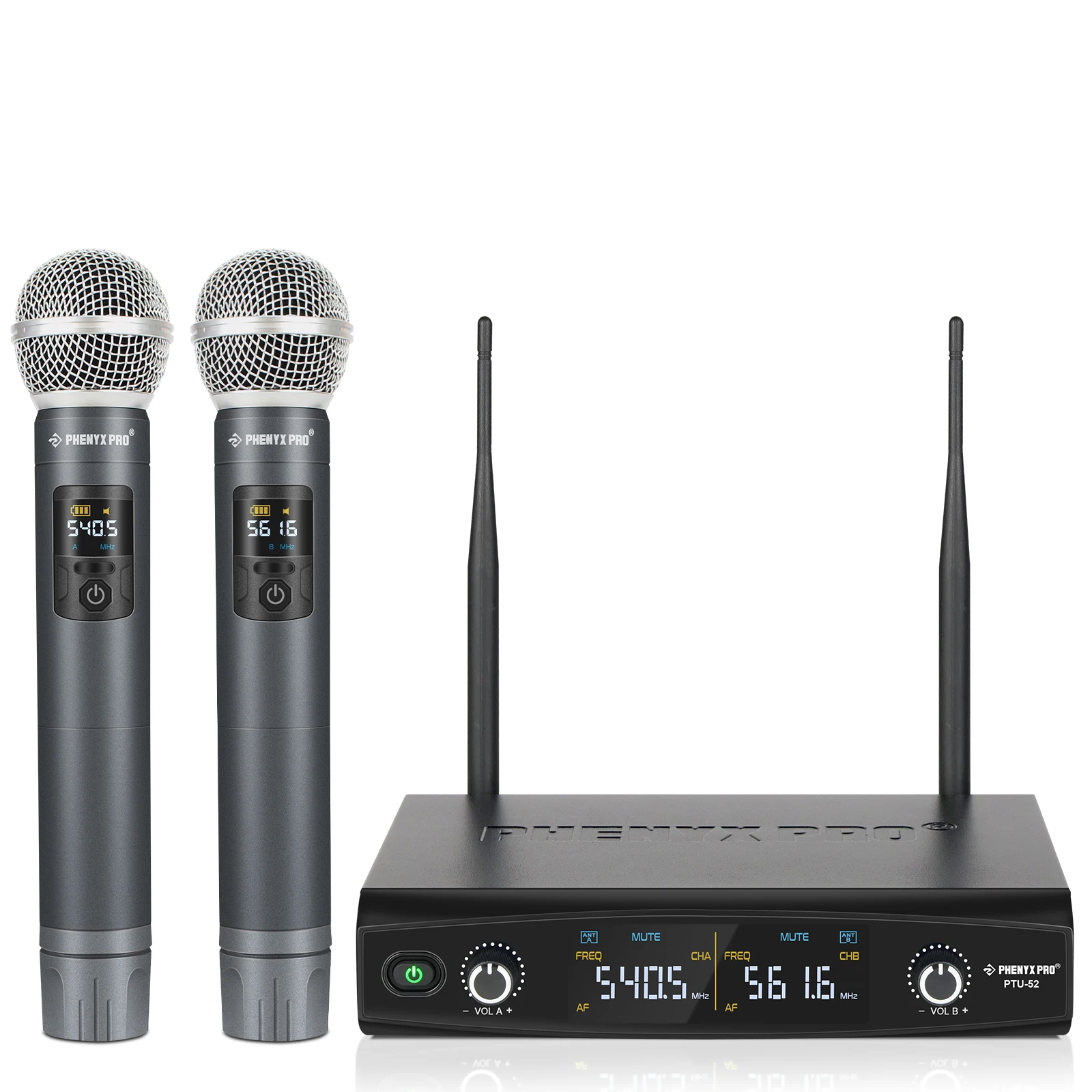 Phenyx Pro UHF Professional Dual Wireless Microphone Set Stage Performance Karaoke Home System Dynamic 230ft/70m 30 Frequencies