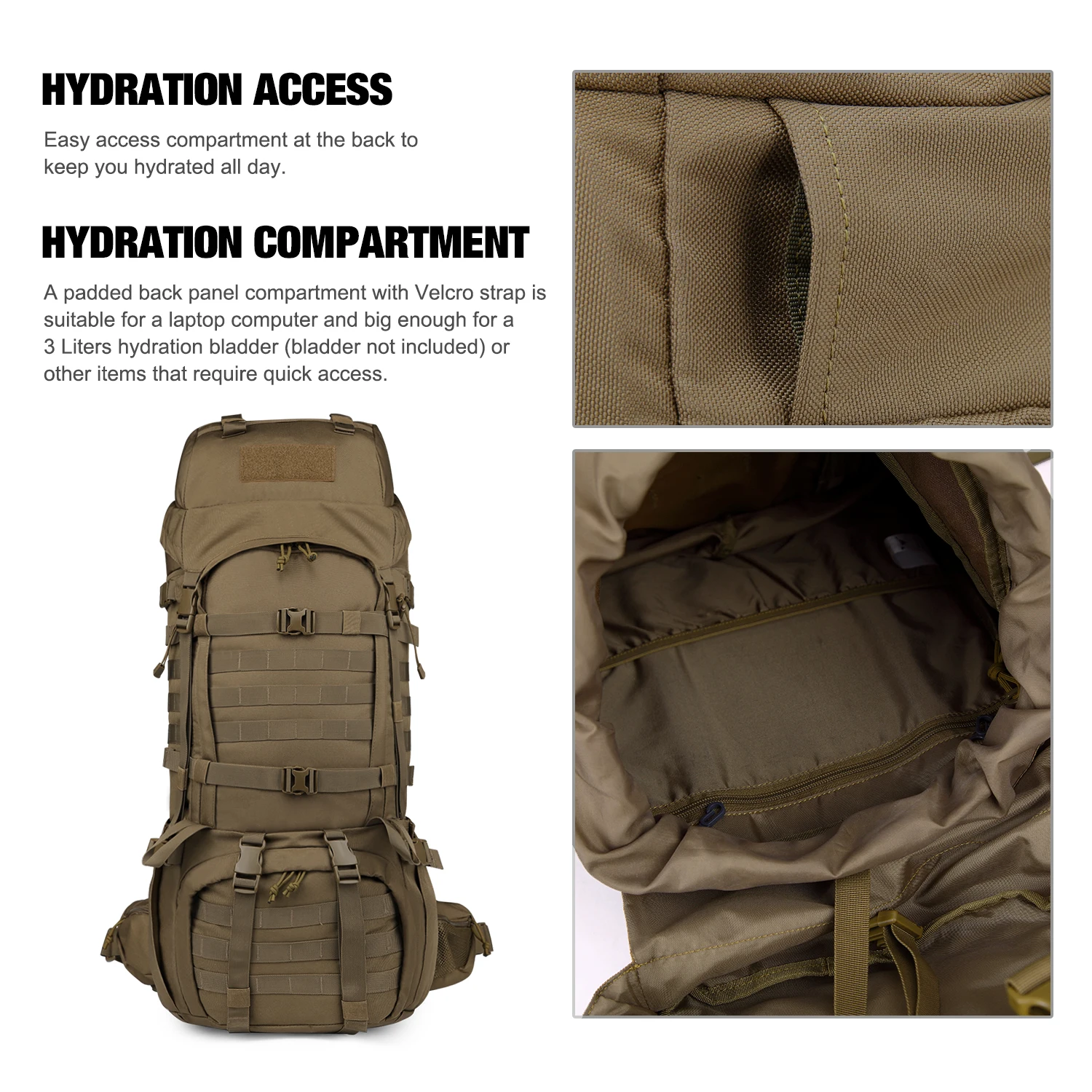 Mardingtop 65L Molle 600D Polyester Hiking Internal Frame Backpack with YKK Zippers and Rain Cover for Camping Military