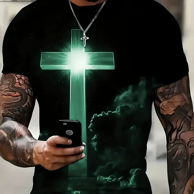 Camiseta masculina Jesus Cross estampada em 3D, Vintage, Harajuku Street Tops, T respirável, extragrande, camiseta esportiva, roupa casual 11 A375705c3c7f741229bdd2275668043ffG