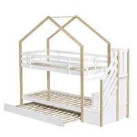 Lit superposé en forme de maison Comanlai avec escalier rangement et tiroir-lit, bois blanc/naturel, barrières de sécurité, lit triple 5