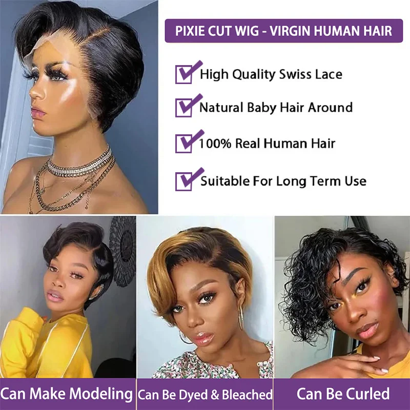 Short Pixie Cut Bob Wigs Lace Front Human Hair Wigs Natural Black Color Brazilian Straight Remy 100% Human Hair wig