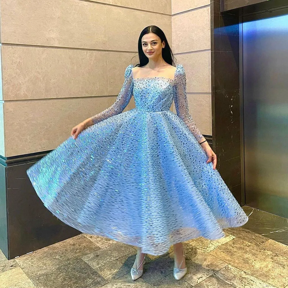 

Msikoods Ocean Blue Evening Dress 2024 Glitter Shiny Sequined Prom Gown 3/4 Long Sleeves Party Dress Lace Up Club Banquet Dress