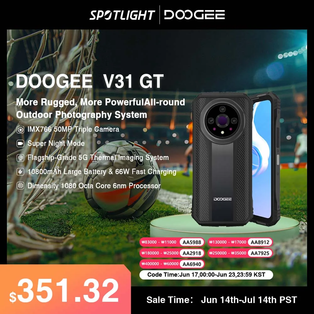DOOGEE V31GT 견고한 휴대폰, 6.58 인치 FHD 디멘시티 1080 옥타 코어 5G 열화상, 10800mAh 66W 고속 충전 휴대폰, 월드 프리미어
