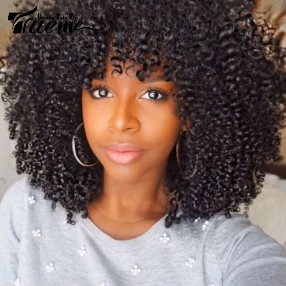 

True Me Short Kinky Curly Bob Wig Big Afro Kinky Curly Human Hair Wigs 250% Highlight Brown Natural Culry Wear And Go Human Wig
