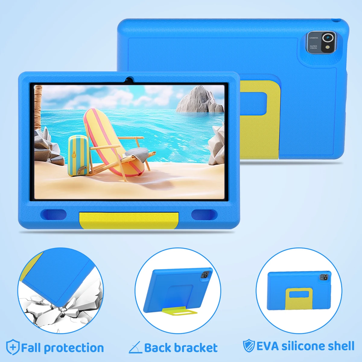 KT1007 10.1 Inch Kids Tablet Android 13 GO 6GB(2+4GB Virtual) 64GB ROM 1280*800 LCD Display 5000mAh Battery Shock‑Proof EVA Case Kickstand Parental Control Educational Learning Tablet For Boys Girls US Local Warehouse