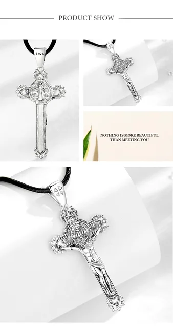 Crocifisso Di San Benedetto Placcato In Argento: Collana Con Ciondolo A Croce In Metallo Cristiano Per La Protezione - 3'' - Italia - Foto 4