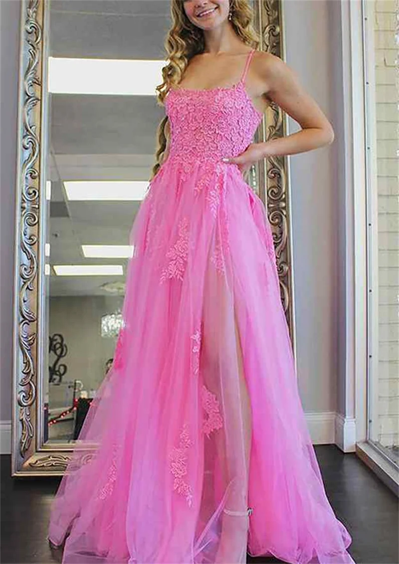 

A Line Spaghetti Straps Prom Dress With Split Appliques Sweet Tulle Formal Evening Gown Bodice Party Bridesmaid Dresses