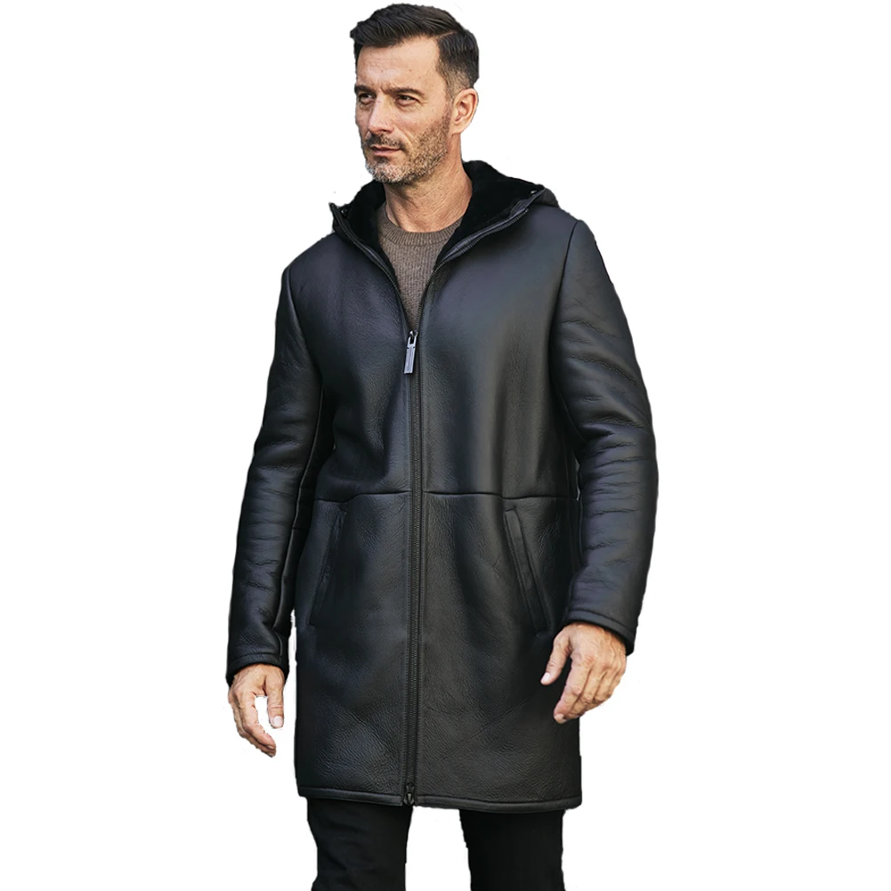 Denny&Dora Mens Sport Shearling Jacket Long Fur Coat Black Leather Jacket Hooded Sheepskin Coat