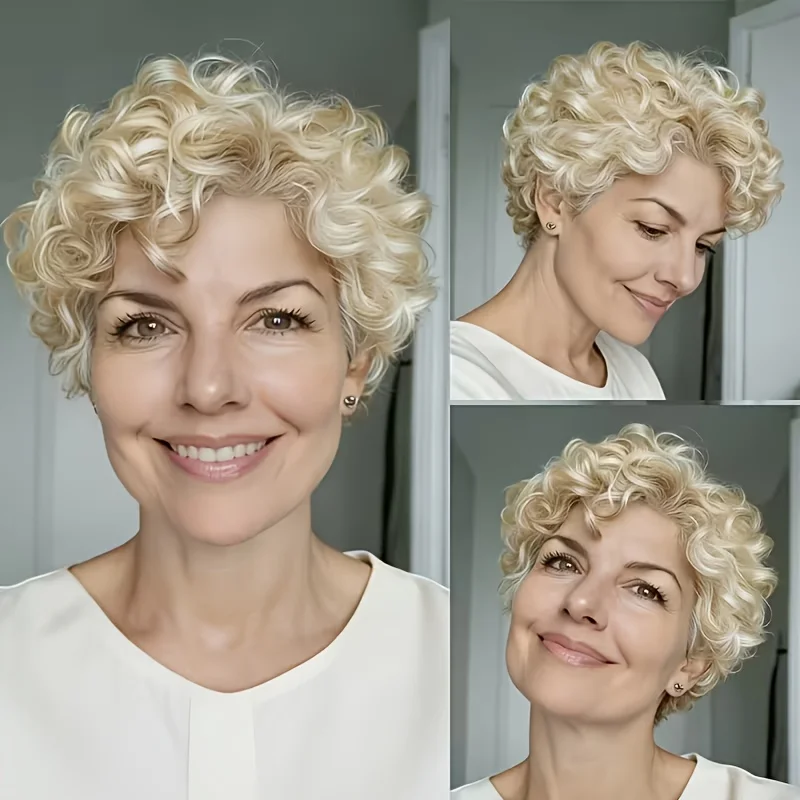 Parrucche in capelli umani biondi 613, stile brasiliano, riccioli morbidi, taglio corto bob pixie con frangia, senza colla, pronte da indossare, a strati, per uso quotidiano. - immagine 5