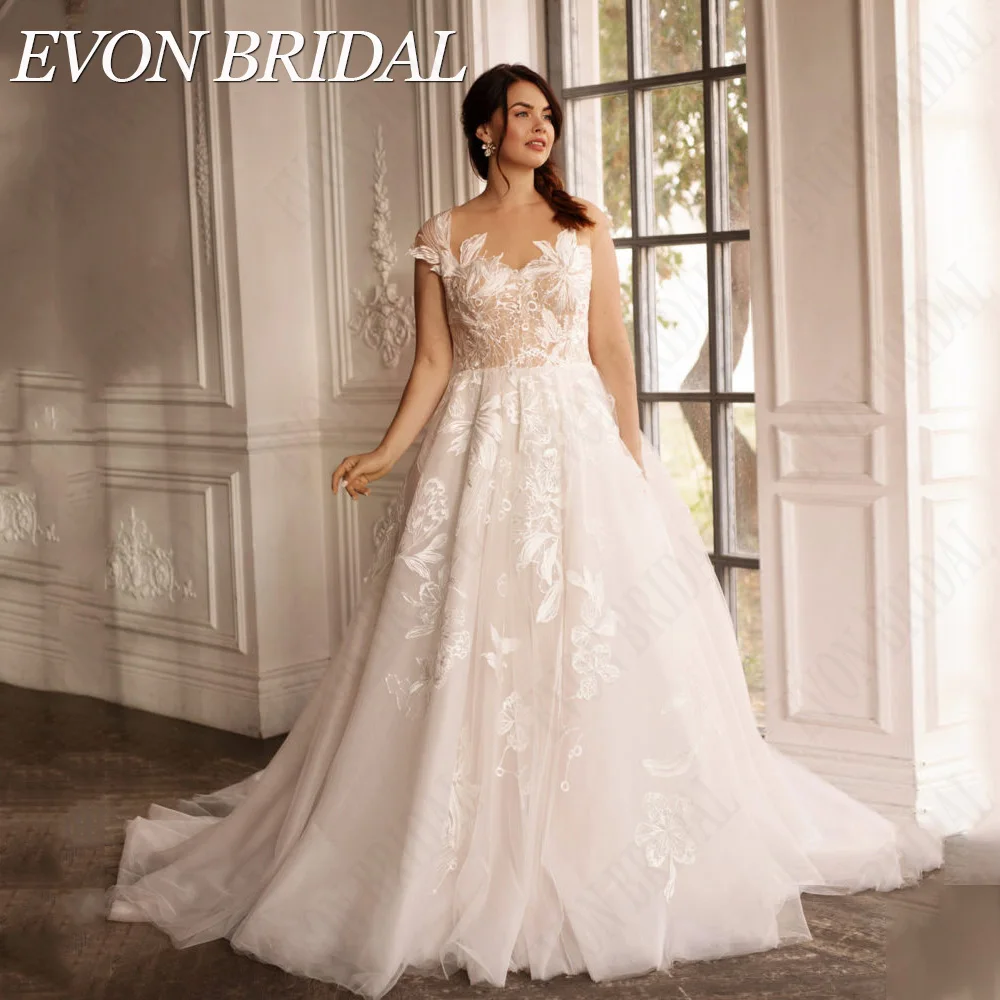

EVON BRIDAL Elegant Wedding Dress 2024 Cap Sleeves Illusion Applique Bride Party Gowns Tulle A-Line Plus Size vestidos de novia