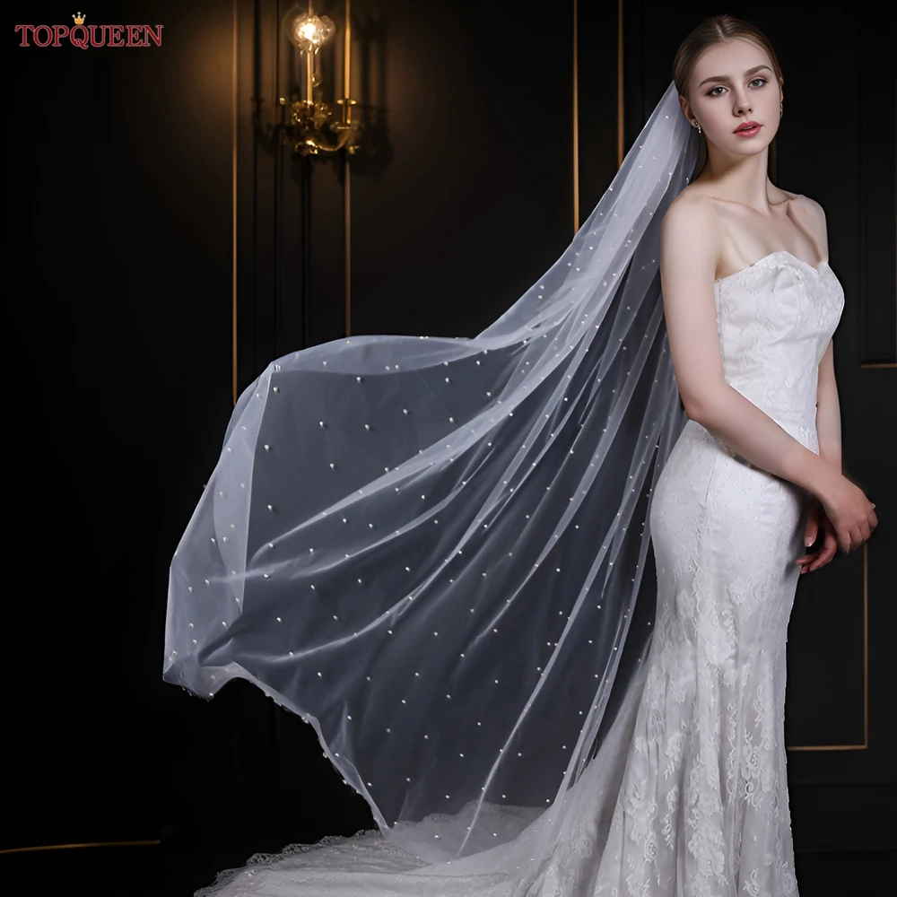 YouLaPan V05 Bridal Veil with Comb Ivory White Wedding Veil Pearls 1 Tier Wedding for Women Cathedral Bridal bridal veil
