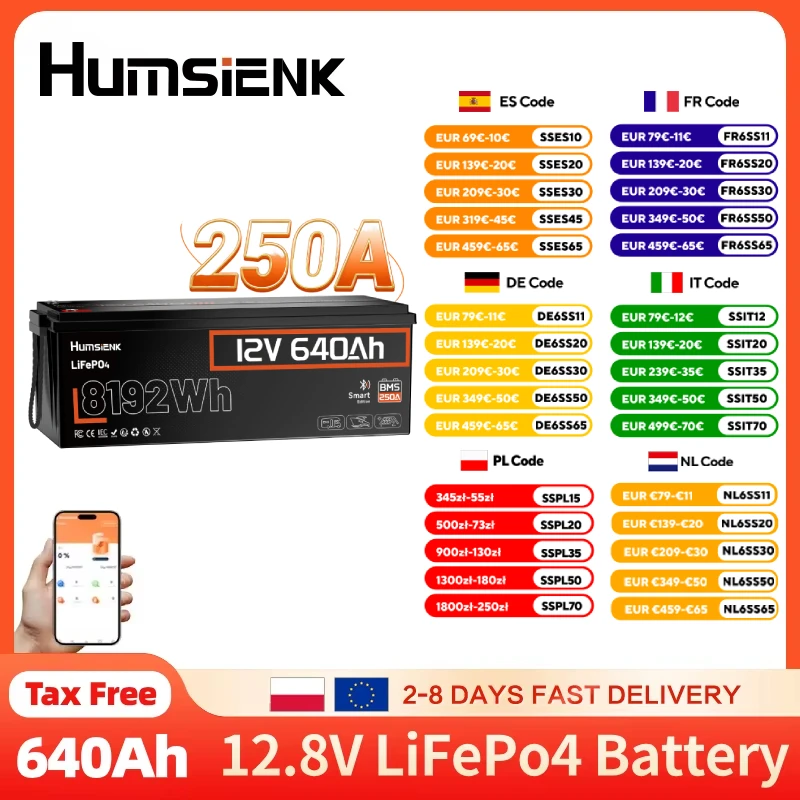 Batterie Lithium LiFePO4 Humsienk 12V 640Ah 8KWh avec BMS 250A intégré, surveillance en temps réel, plus de 15000 cycles profonds pour usage extérieur/domestique 1 Batterie Lithium LiFePO4 Humsienk 12V 640Ah 8KWh avec BMS 250A intégré, surveillance en temps réel, plus de 15000 cycles profonds pour usage extérieur/domestique 1