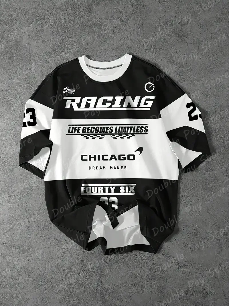 Children O-Neck Unisex Short Sleeve Stylish Tops Racing Theme Checkered Flag Pattern "CHICAGO" Letter Print High Quality T-shirt