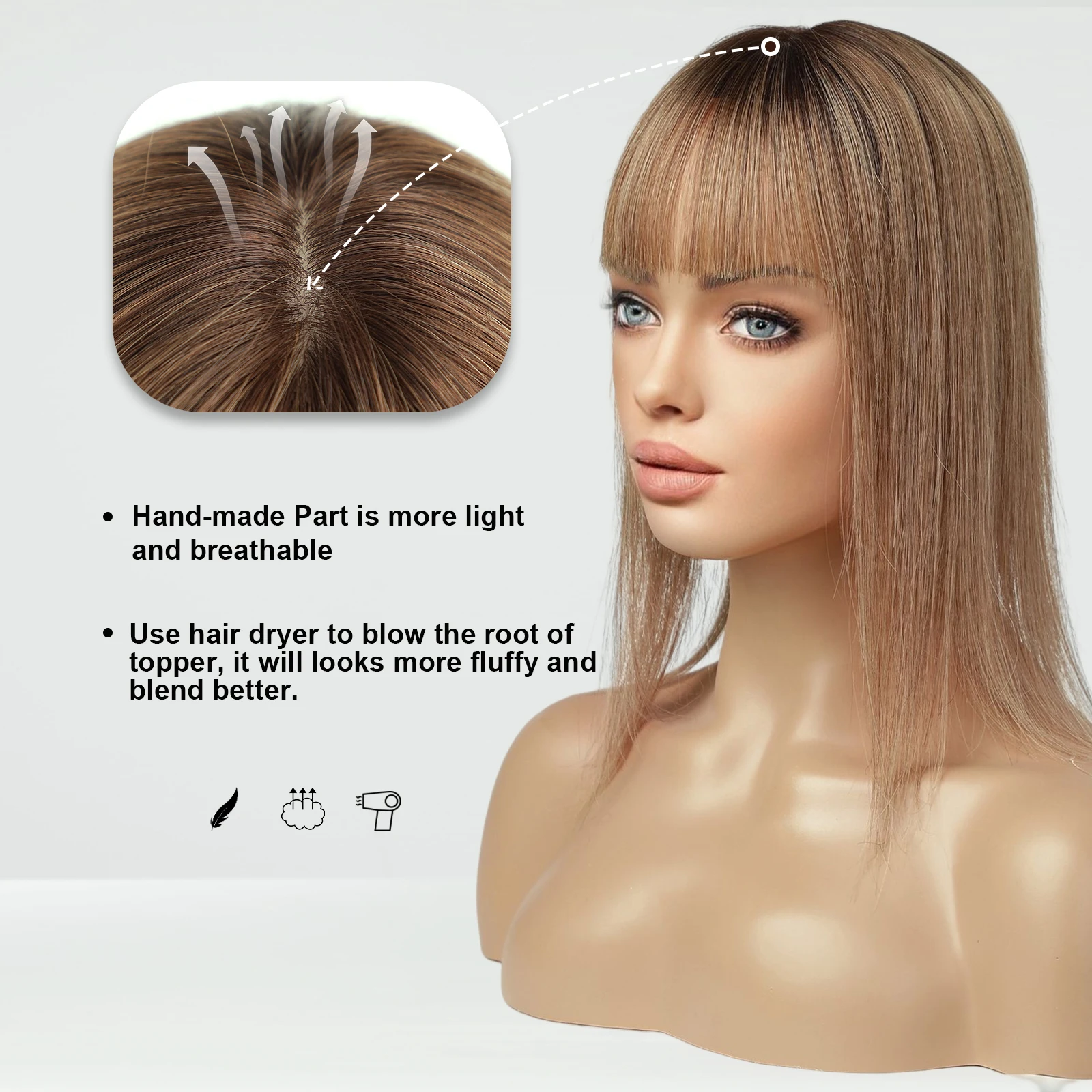 Remy Human Hair Toppers Hair Pieces Women Light Brown Women Topper Bang Silk Base Clip In Topper Thinning hair toppers