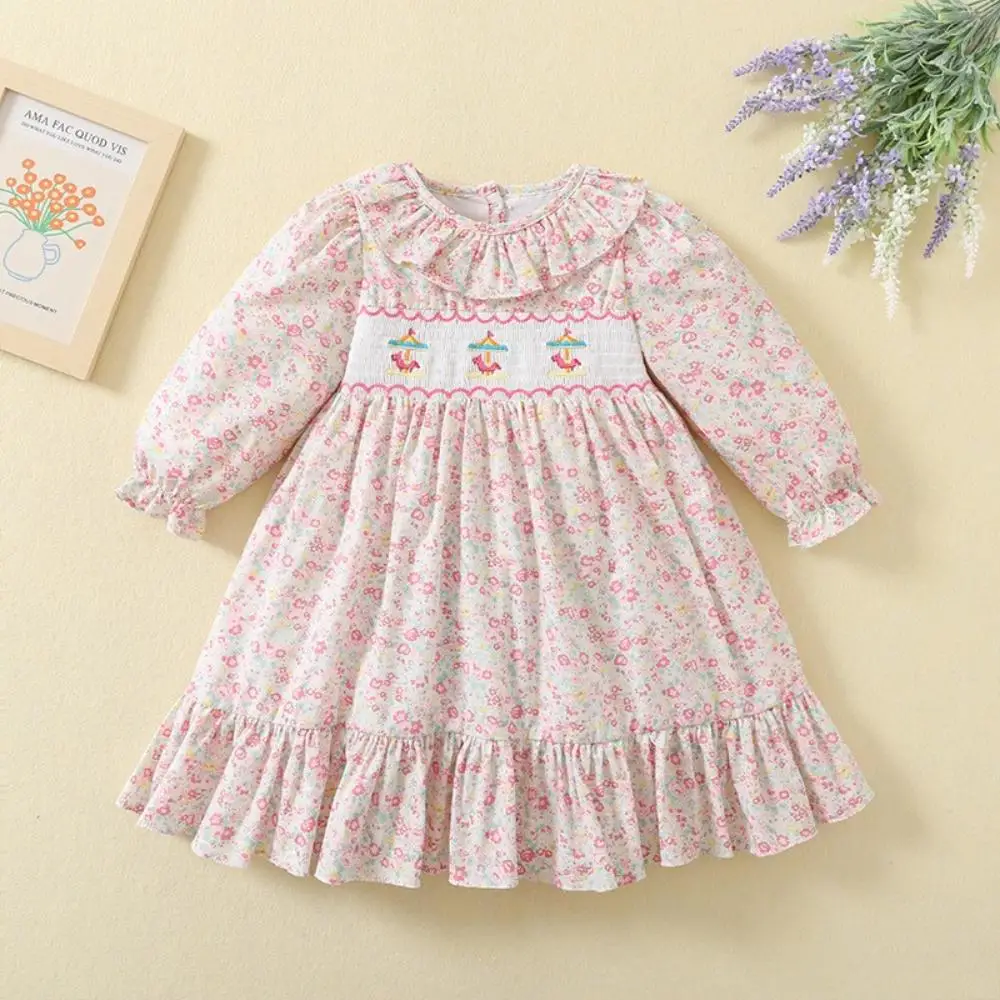 

Boutique Ruffle Skirt Tatting Linen Petticoat Baby Girl Clothes Smock Dress Sleeveless Crab Embroidery Princess Blue Bow Suit
