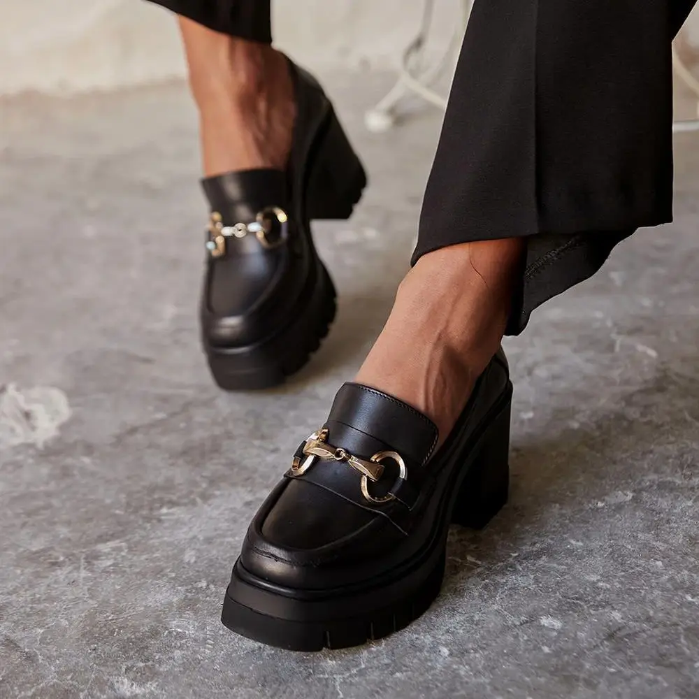 

Willy Real Leather Platform Thick Heeled Plastic Thermo Sole Square Toe Metal Detailed Black Women's Loafer Daily Stylish Shoes