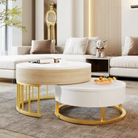 Comanlai Ensemble de 2 tables basses rondes pliables, table d'appoint réglable en hauteur, avec plateau relevable et tiroir, espace de rangement caché 3