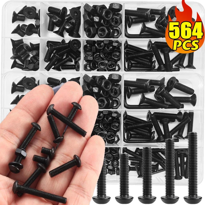 Round Hex Cap Screw Set Black Carbon Steel Hexagon Sockets Button Head Drive Screw Nut Furniture Screw Fasteners Assortment Kit