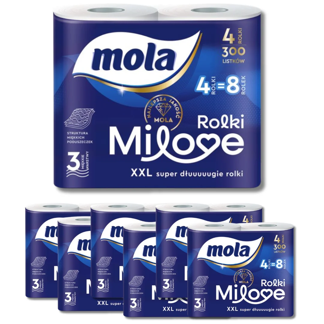 Papier toaletowy Mola Milove 3-warstwowy 4 rolki (300 listków) x 7 opakowań z Polski za $17.46 / ~66zł