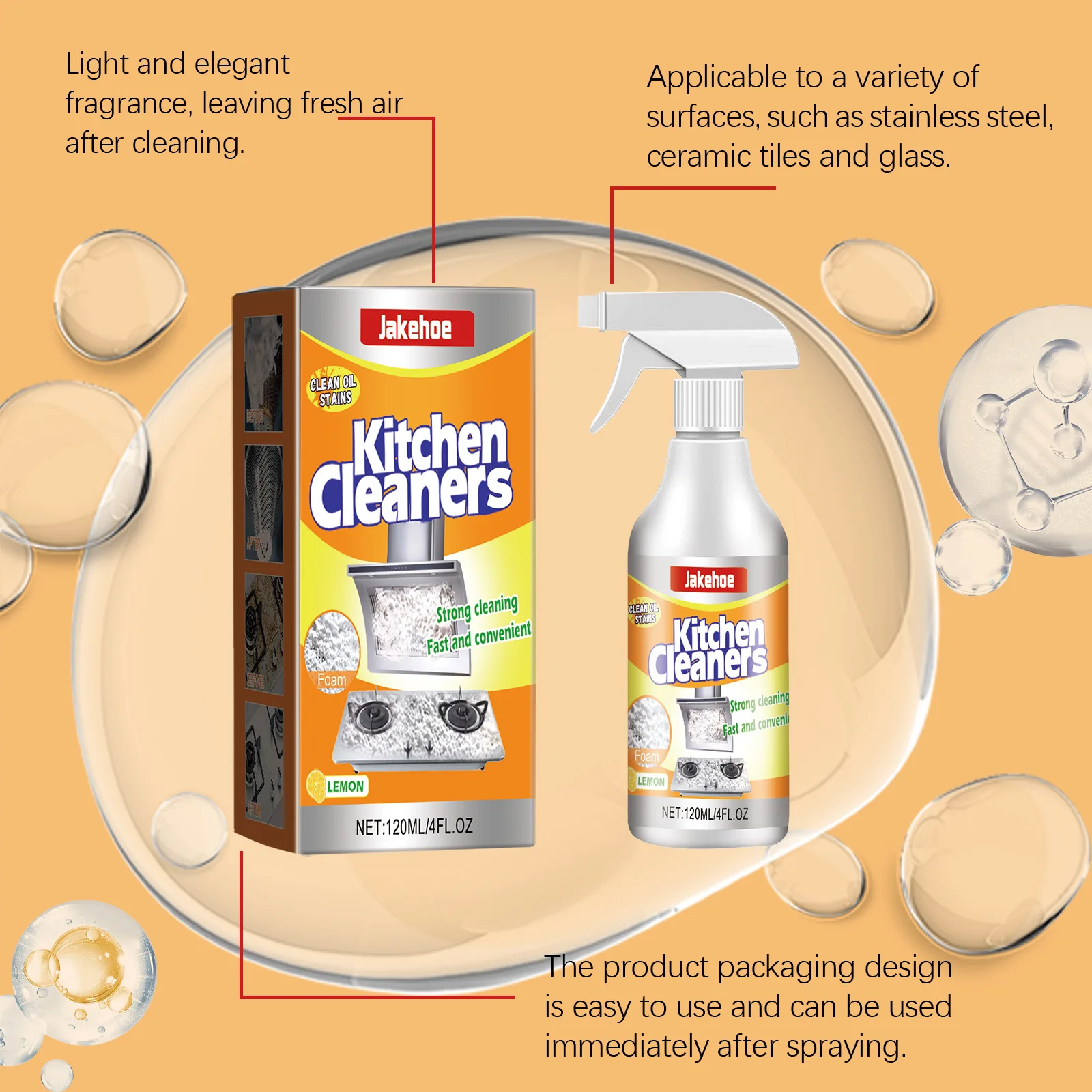 Jakehoe 120ml Heavy Oil Cleaner Kitchen Oil Stain Degreaser Stains Remover Cleaning Grills Ovens Dirt Cleaning Bubble Spray