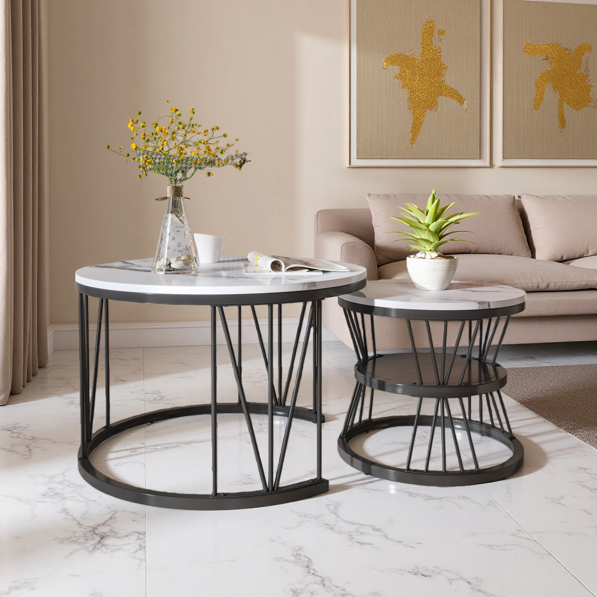 Ensemble de 2 tables basses rondes pour canapé, table d'appoint, structure en métal, noir, grande : 70 x 70 x 45 cm ; petite : 45 x 45 x 40 cm 1 Ensemble de 2 tables basses rondes pour canapé, table d'appoint, structure en métal, noir, grande : 70 x 70 x 45 cm ; petite : 45 x 45 x 40 cm 1