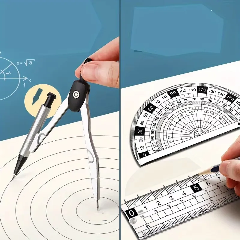 Exquisite 8in 1 Ruler Stationery Set Aluminum Alloy Compasses Multifunctional Combination Ruler Triangle Protractor Drawing Gift