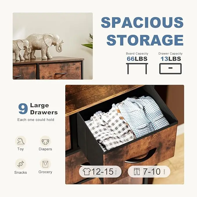 9-Drawer Dresser, Fabric Bins, Sturdy Metal Frame & Wood Tabletop, Ideal for Bedroom, Closet, or Nursery Storage. 4