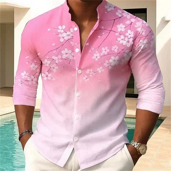 Camicia da uomo con stampa floreale moda casual vacanza all'aria aperta quotidiana primavera e autunno camicia con colletto alla coreana in stile cinese rosa blu 1