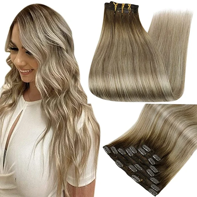 Full Shine Clip In Human Hair Extensions Balayage Ombre Blonde Black Hairpins 7pcs 120g Double Weft 100% Machine Remy For Woman 3 8 22