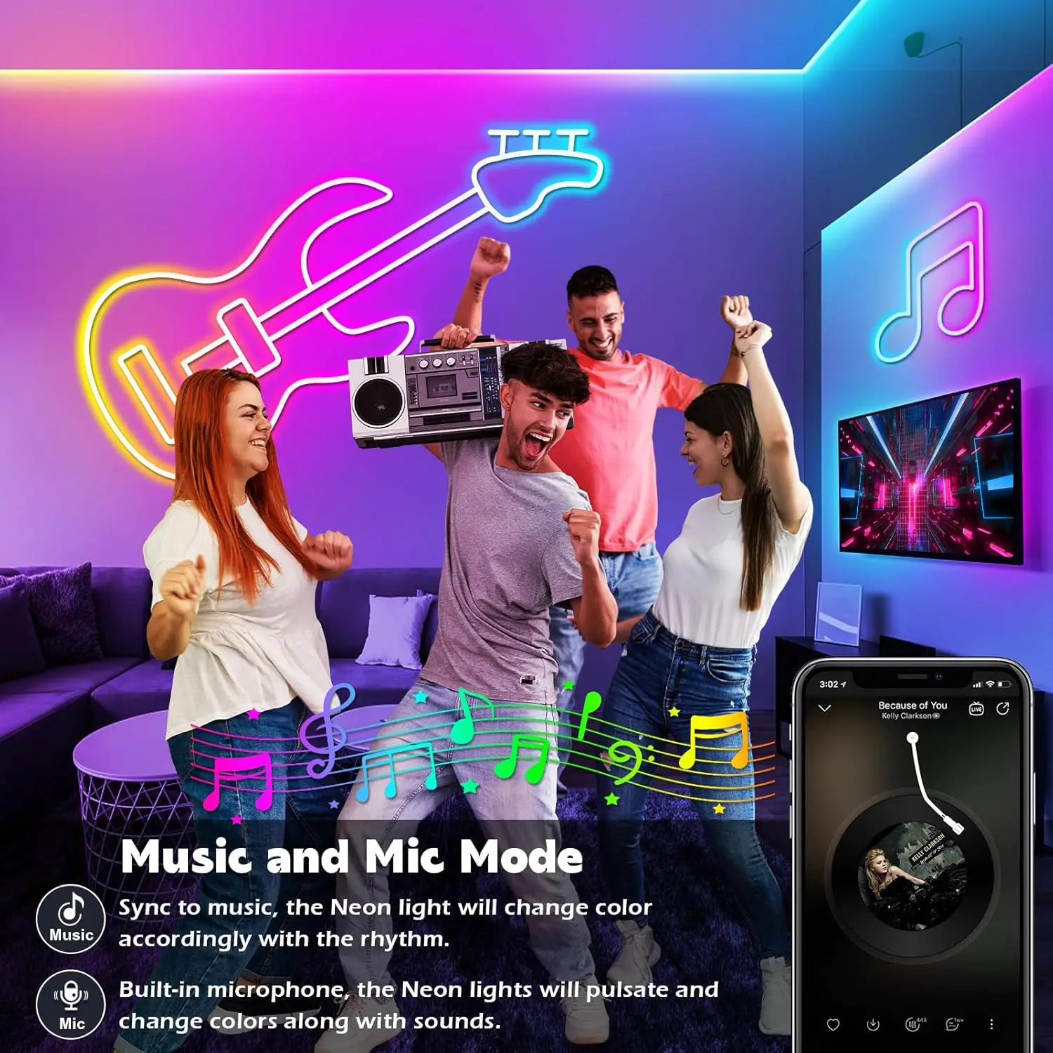 Vibrant RGBIC Neon LED Strip Lights with Music Sync