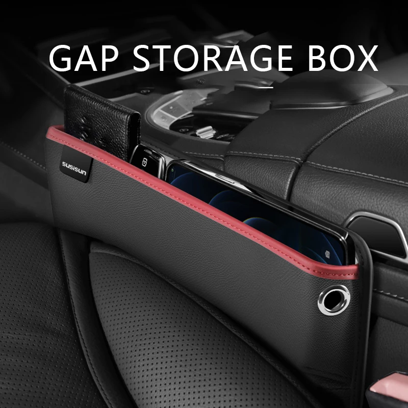 

PU Leather Car Seat Gap Organizer Car Front Seat Side Bag for Cellphone Keys Glasses Reserved Charging Cable Hole Phone Holder