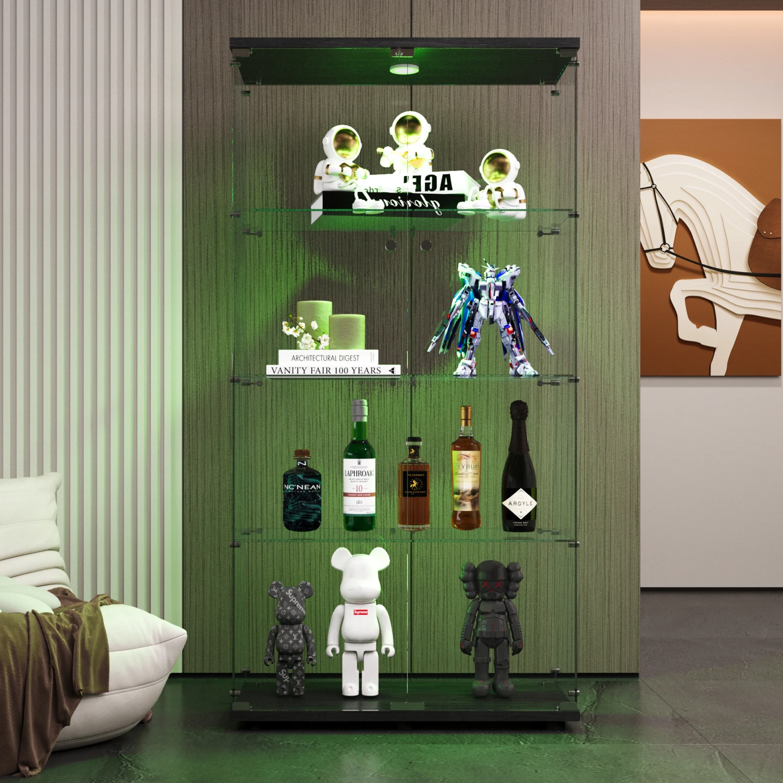 Anajqaqia 164 x 80,5 x 36,5 cm Glasvitrine mit LED-Licht und Schloss, 2 Türen, 4 Regale, Sammlerschrank, Weinschrank, Schwarz – Detail 4