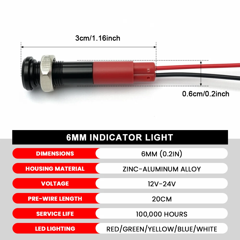 FILN 5/25PCS 6mm 블랙 메탈 LED 표시등 IP67 방수 12V-24V 자동차 보트용 대시보드 경고 신호 파일럿 램프