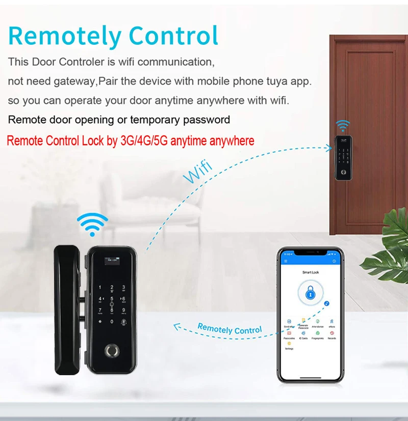 Tuya App Smart WIFI Lock Office Intelligent Fingerprint Digital Glass Door Lock