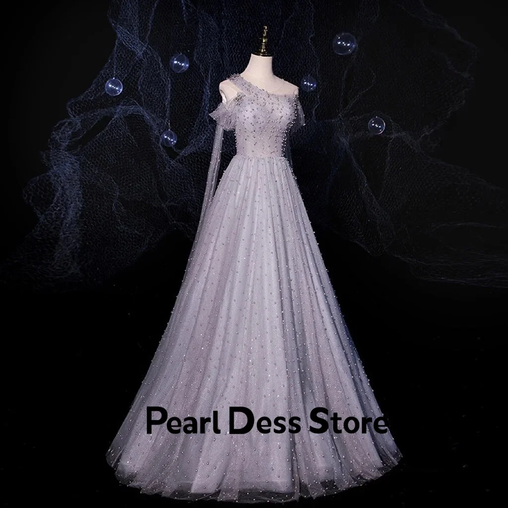 

Luxury Pearl Celebrity Dress Tulle Ribbon Applique Sleeveless Off Shoulder Purple Evening Dress Suitable for Ball and Party