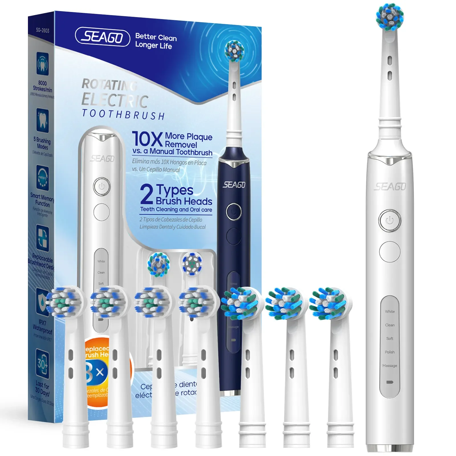 Rotating Sonic Electric Toothbrush IPX7 Waterproof 8,000 Str/Min 5 Modes Rechargeable Lithium Battery 21 Days Runtime For Gift
