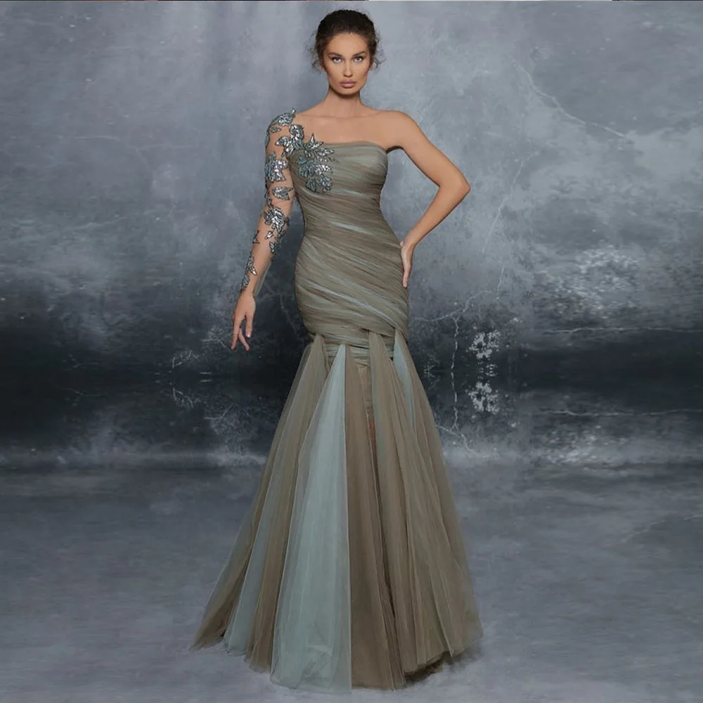 

Gorgeous Prom Gown for Women Mermaid One-Shoulder Sequined Applique Full Sleeves Long Party Dresses فساتين مناسبة رسمية
