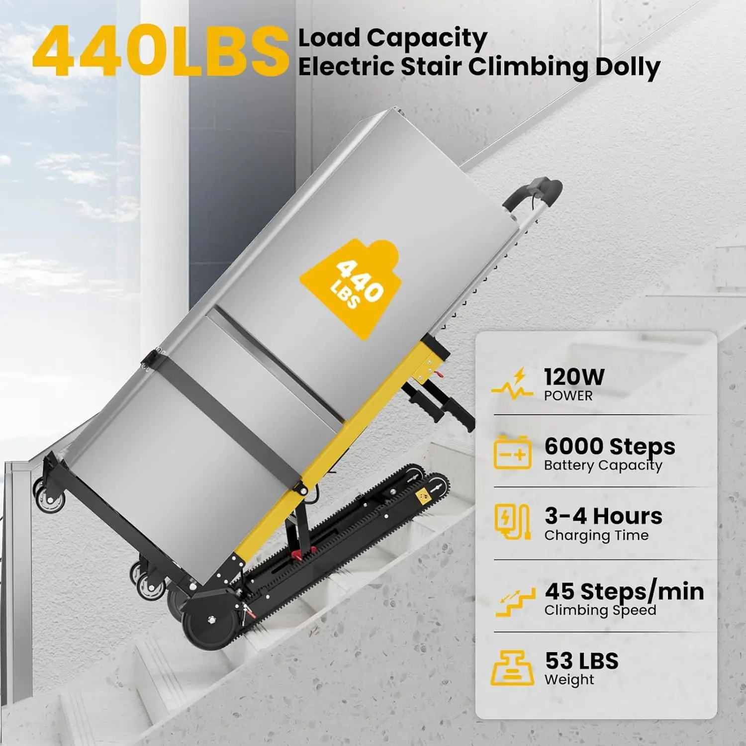 Heavy-Duty Electric Stair Climbing Hand Truck Dolly Cart 441LBS Capacity for Furniture Logistics And Warehouse Transport Yellow