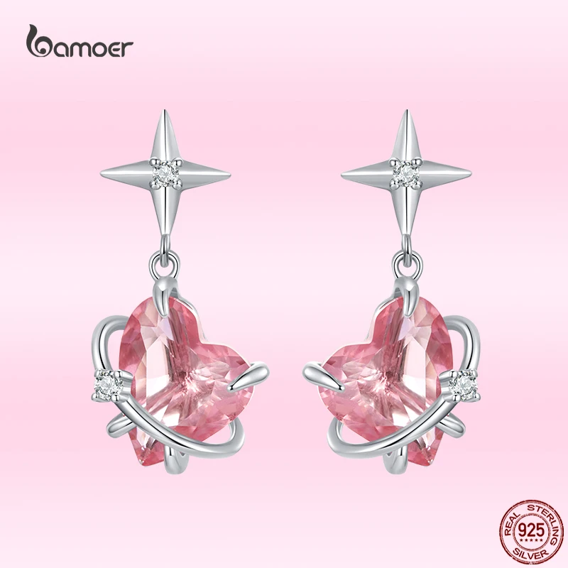 

Bamoer 100% 925 Sterling Silver Cute Girly Planet Ear Studs Pink Heart Pendant Stud Earrings For Women Party Fine Jewelry Gifts