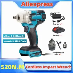 520N.m Cordless Electric Impact Wrench Brushless Electric Wrench Hand Drill Socket Power Tool Wrench For Makita 18V Battery