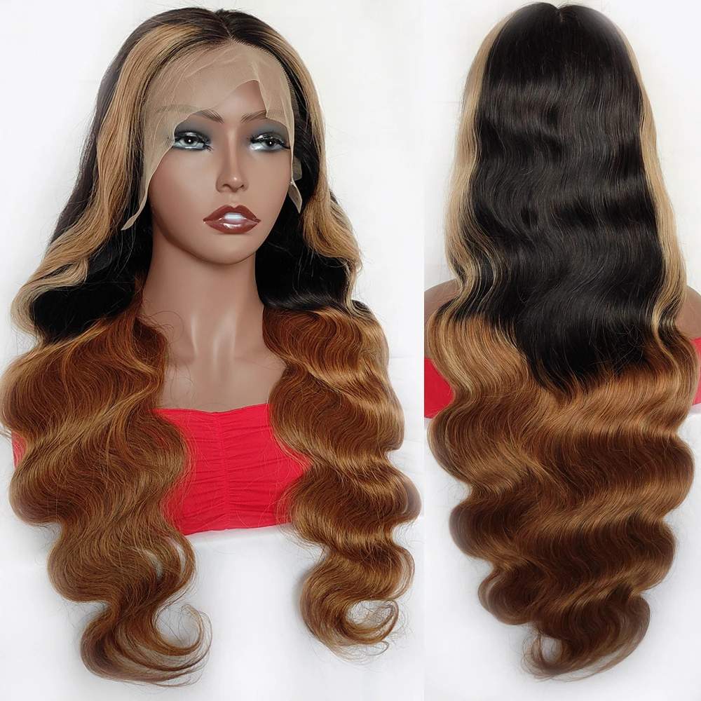 1B430 Colored Brown Lace Front Human Hair Wigs With Blonde Highlight HD Transparent Lace Frontal Wig Ombre Body Wave Wig On Sale