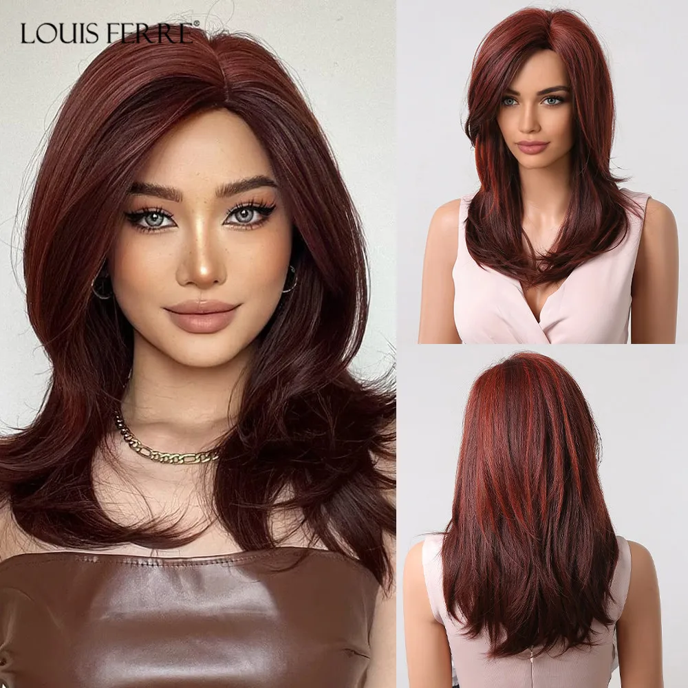 Parrucche Diritte Lunghe Rosse Louis Ferre Con Parte Laterale Parrucca A Strati Con Riflessi Misti Bordeaux Per Capelli Sintetici Resistenti Al Calore