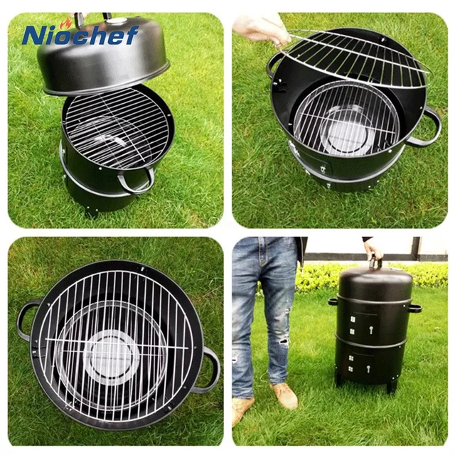 Bbq Grill Kerek Faszén Kályha Kültéri Szalonna Hordozható 3 -Ba 1 -Ben Grillezők Dupla Fedélzeti Dohányzó Kemping Piknik Főző Eszköz - Image 6