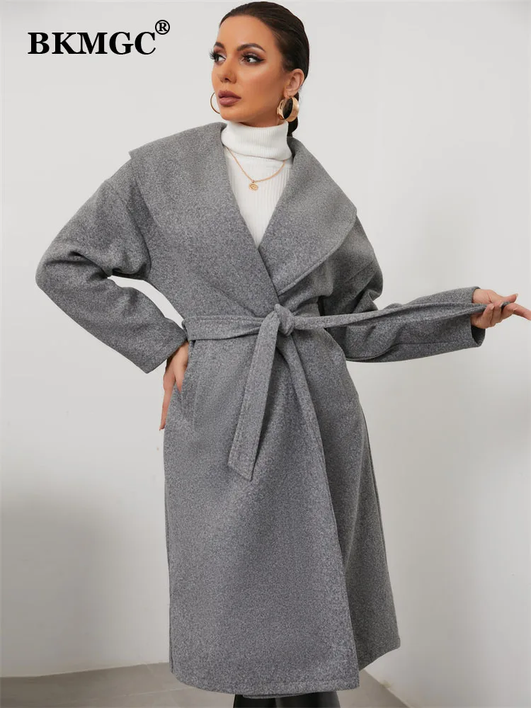 BKMGC Grey Khaki Tweed Coat Long Women Jacket Woolen Big Turn Over Collar Lapel Belt Waist Slim Fit Medium Length Winter 2022