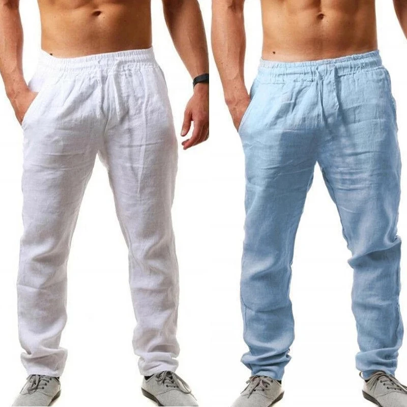 New Men Cotton Linen Pants 2022 Summer Solid Color Elastic Waist Loose Breathable Long Trousers Male Casual Streetwear Pants Gym