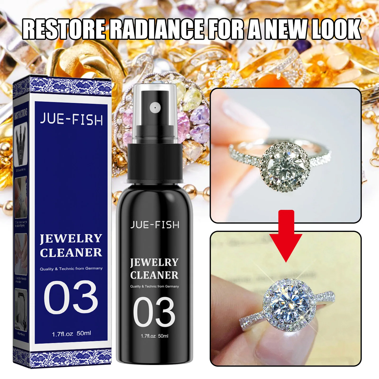 Jue Fish 50ml Jewelry Cleaner Solution Spray Gold Watch Cleaning Anti Tarnish Polish Clean Rust Remover Jewelry Stain-Free Spray