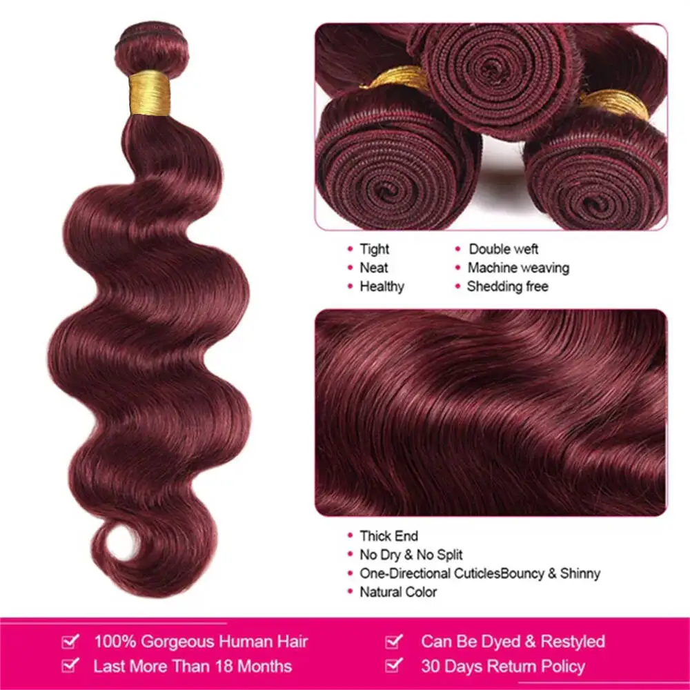 #99j Body Wave Bundles With Closure Frontal 13x4 Lace 100% Human Hair Extensions Burgundy Colored Human Hair Bundle And Frontal