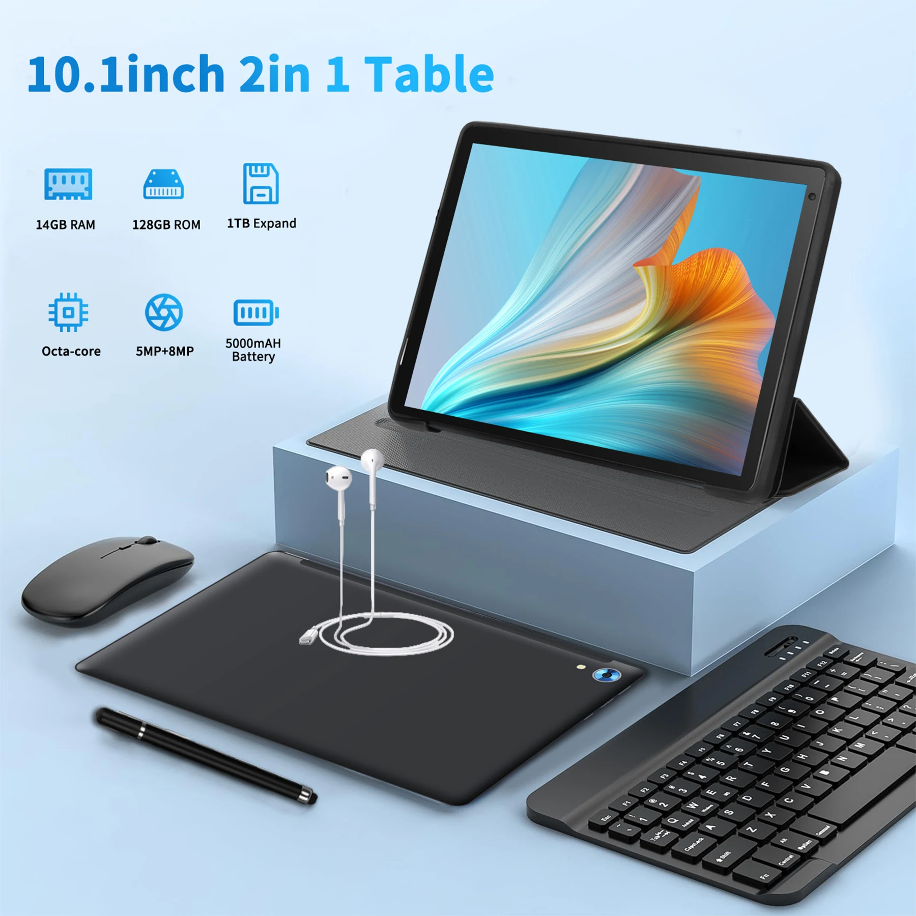 C108 10.1 Inch Tablet Octa-Core Processor 10GB RAM 128GB ROM Android 14 With Case Headphones Wireless Keyboard Mouse Stylus Pen 5