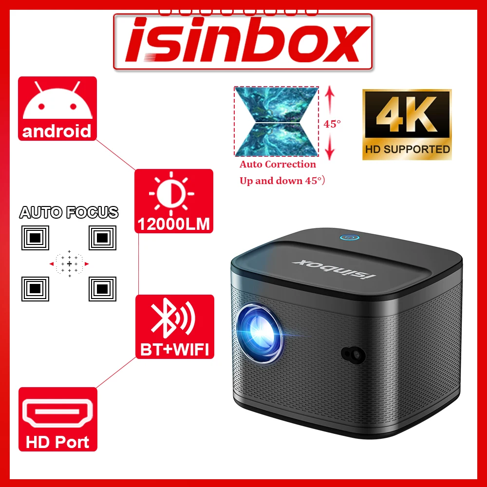 ISINBOX Projector Android 9.0 Auto Focus HD 1080P 4K WIFI